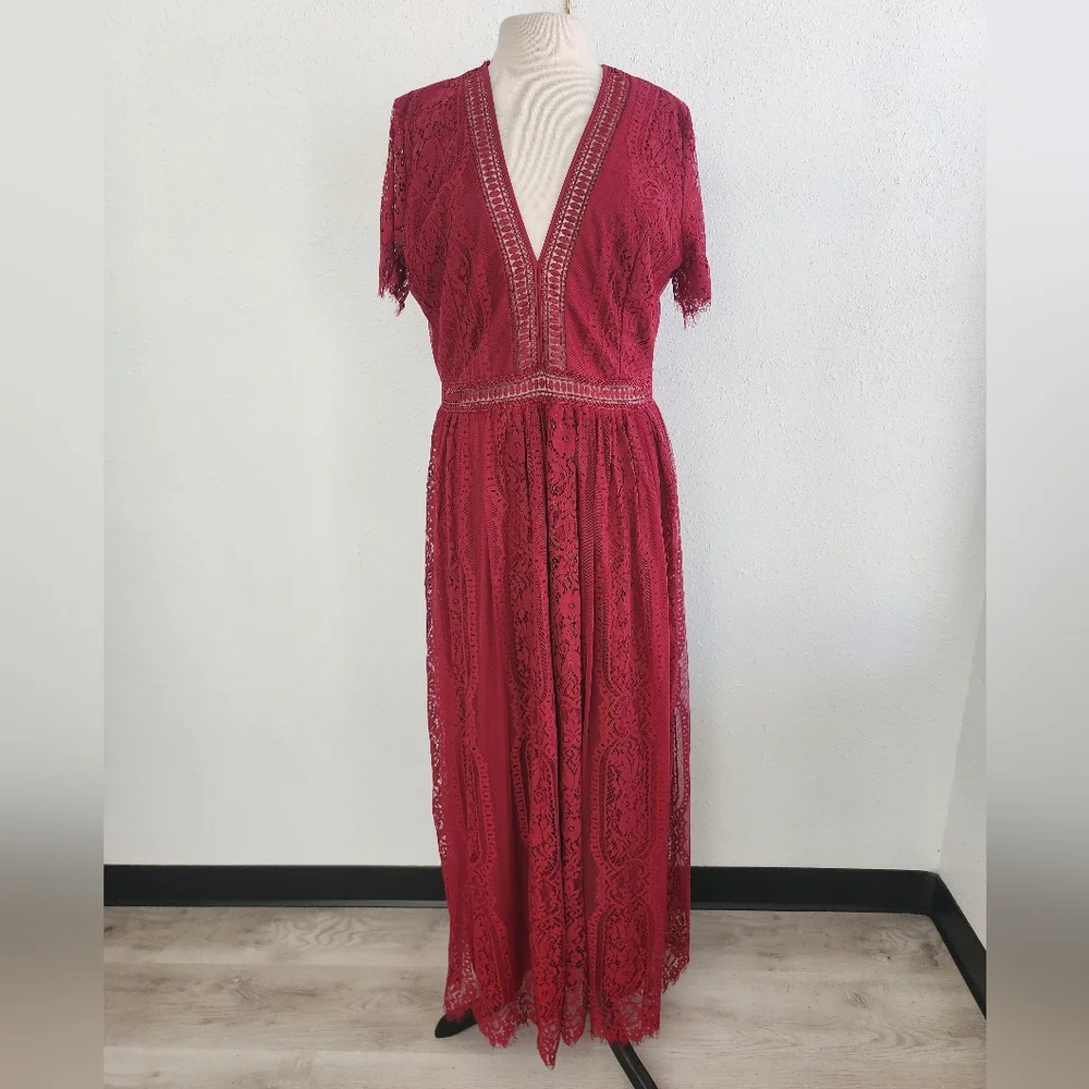 Burgundy Deep V Neck Short Sleeve Lace Maxi Holiday Dress Sz XL - Picture 5 of 7